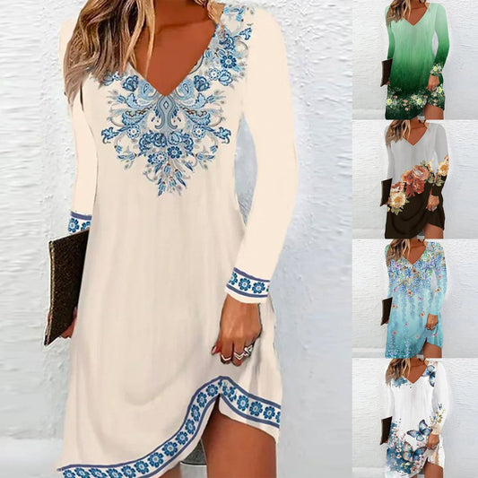 Damen V-Ausschnitt Kleid mit floralen Akzenten und langen Ärmeln Stalluxe