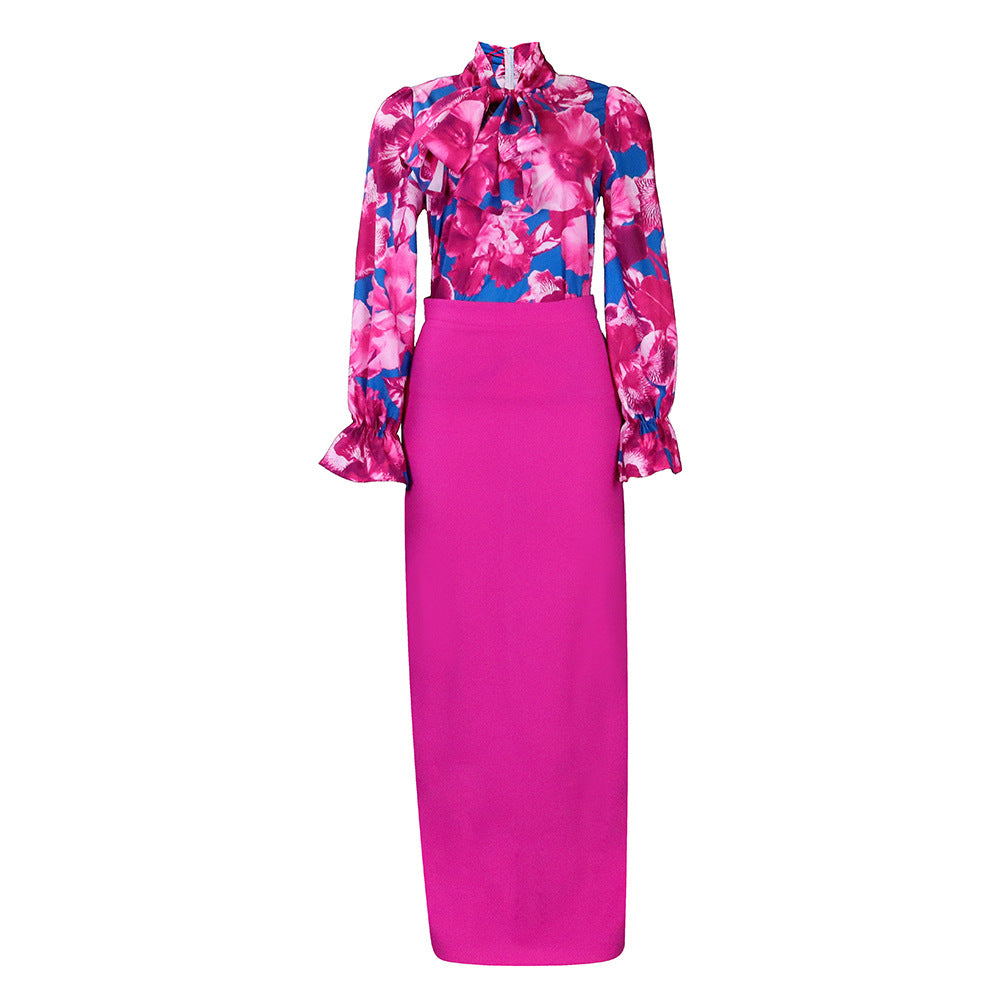 Damen Elegantes Etuikleid mit floralen Ärmel und Rüschen-Details Stalluxe Magenta
