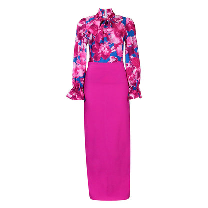 Damen Elegantes Etuikleid mit floralen Ärmel und Rüschen-Details Stalluxe Magenta