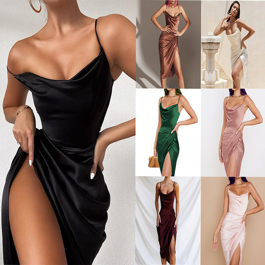 Damen Elegantes und figurbetontes Satin-Cocktailkleid mit hohem Schlitz Stalluxe