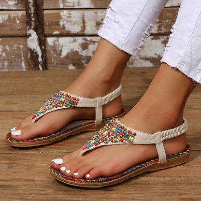 Damen bequeme Sommer-Sandalen mit bunten Perlenverzierungen und rutschfester Sohle Stalluxe