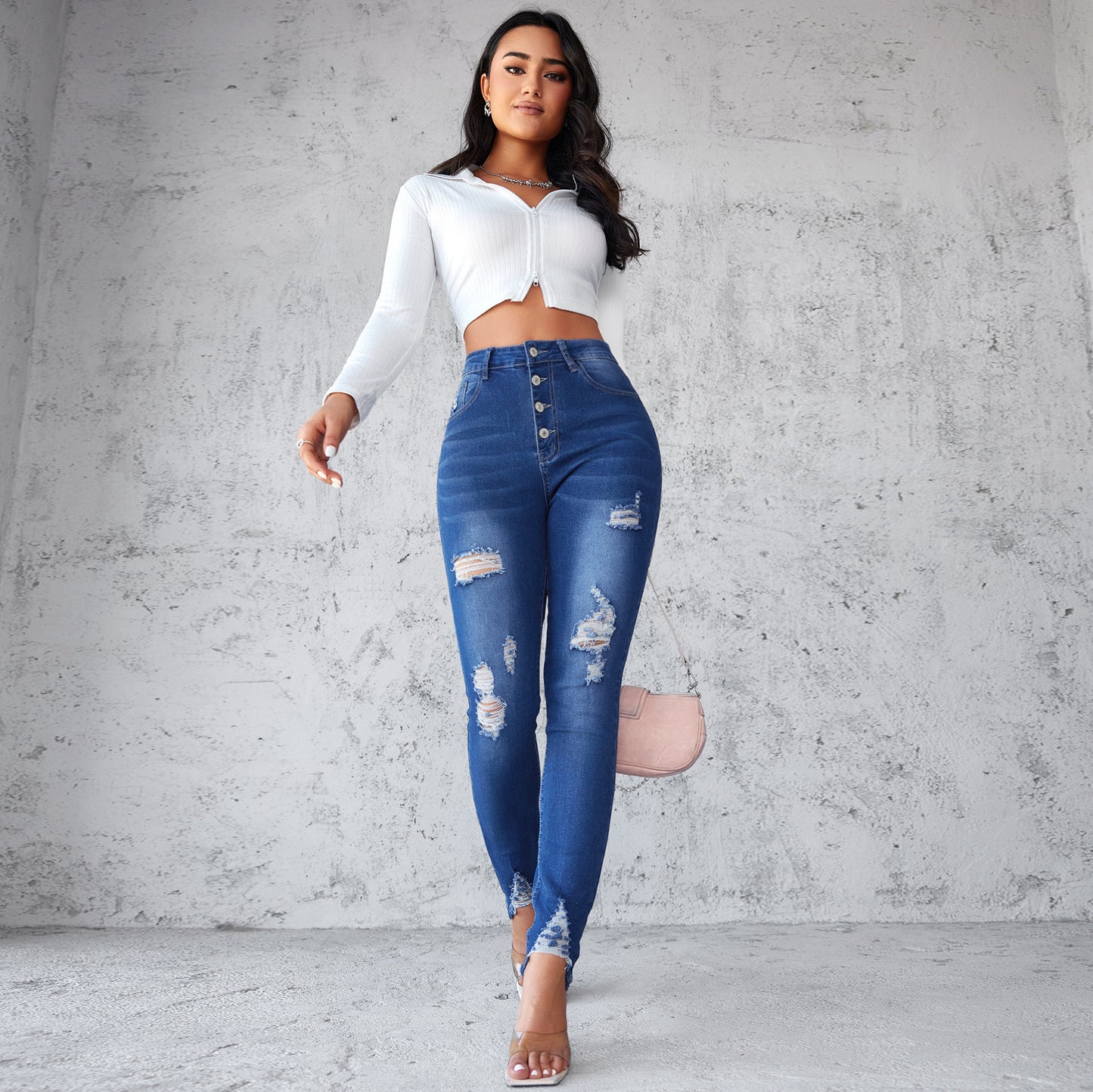 Damen Skinny Jeans mit stylishen Destroyed-Details und fransigem Saum Stalluxe