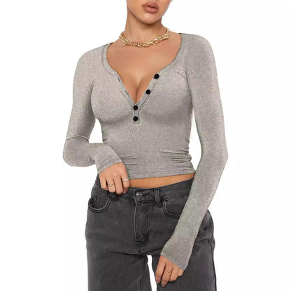 Damen Langarmshirt mit V-Ausschnitt und Knopfdetails Stalluxe