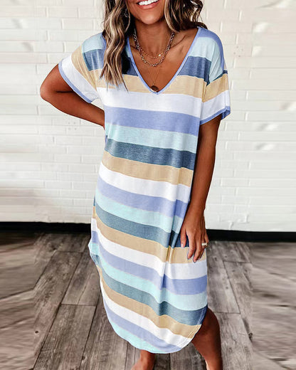 Damen lässiges Viskosekleid im gestreiften Design mit tiefem V-Ausschnitt Stalluxe