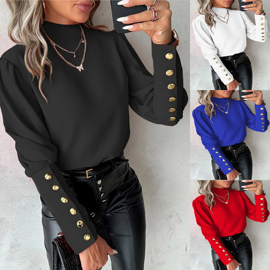 Damen Elegante Bluse mit Puffärmeln und Knopfdetails Stalluxe