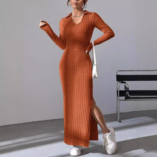 Damen Maxikleid mit elegantem Rippdesign und modischem V-Ausschnitt Stalluxe