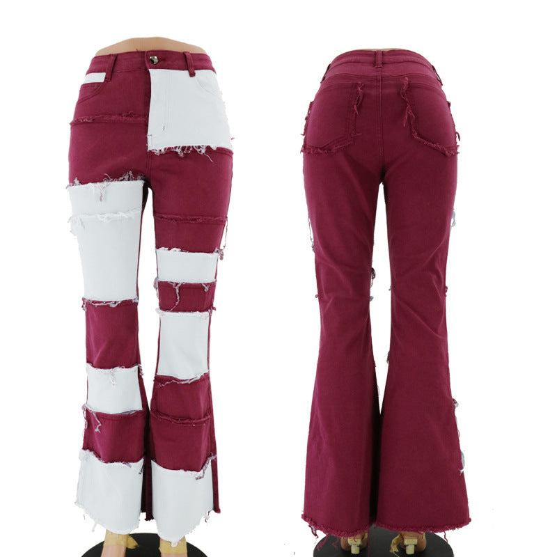 Damen Bootcut-Jeans mit modernem Patchwork-Design und lässigen Fransen Stalluxe