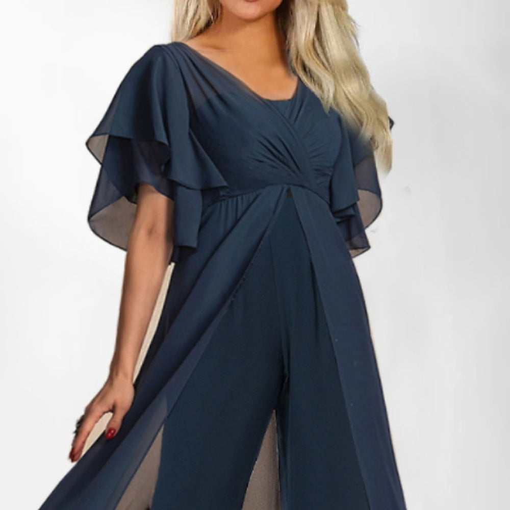 Damen Chiffon Jumpsuit mit voluminösen Ärmeln und eleganter Wickeloptik Stalluxe