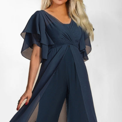 Damen Chiffon Jumpsuit mit voluminösen Ärmeln und eleganter Wickeloptik Stalluxe
