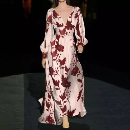 Damen Maxi-Kleid mit tiefem V-Ausschnitt und voluminösen Ärmeln Stalluxe