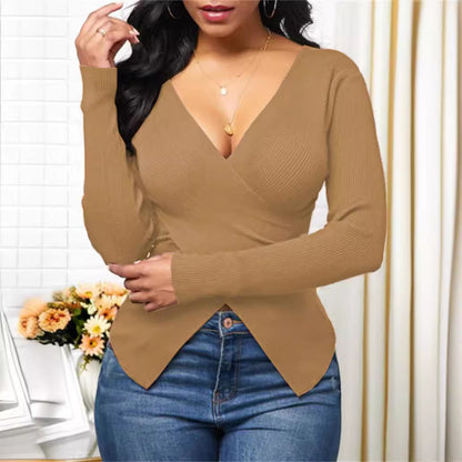 Damen elegantes Wickeloberteil mit strukturiertem Rippstoff und tiefem V-Ausschnitt Stalluxe