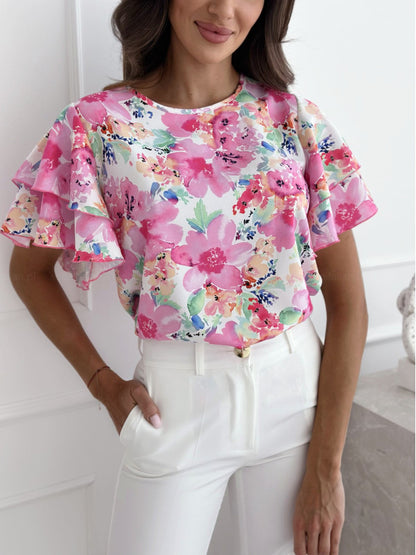 Damen Bluse mit voluminösen Rüschensäumen und floralem Druck Stalluxe