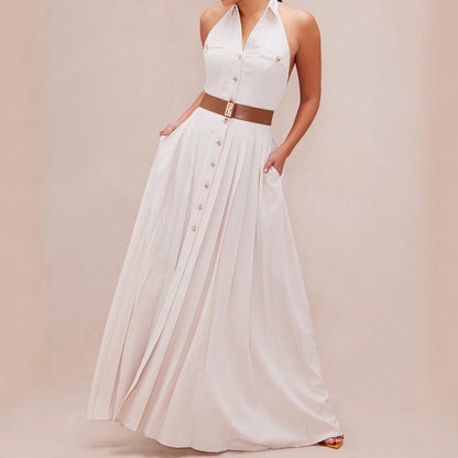 Damen Elegantes Maxikleid mit tiefem V-Ausschnitt und schmeichelndem Taillengürtel Stalluxe