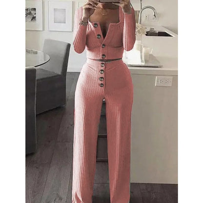 Damen modisches Strick-Set mit Knopfdetail und langem Ärmel Stalluxe