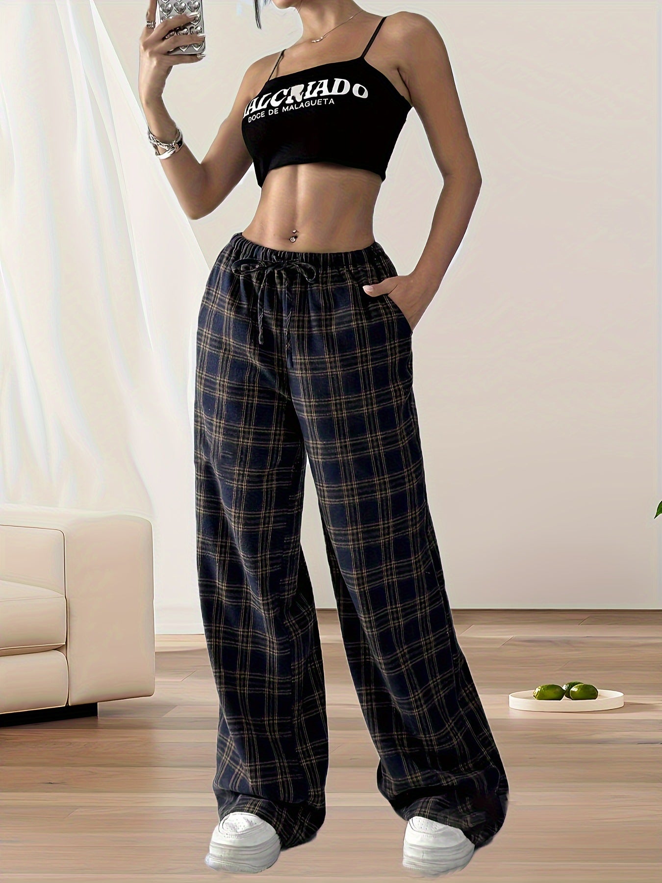 Damen Weite Karohosen mit elastischem Bund Stalluxe