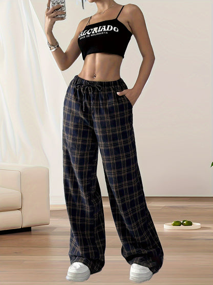Damen Weite Karohosen mit elastischem Bund Stalluxe