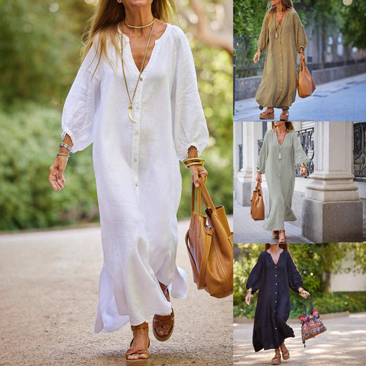 Women's Long Linen Button-Up Dress Stalluxe