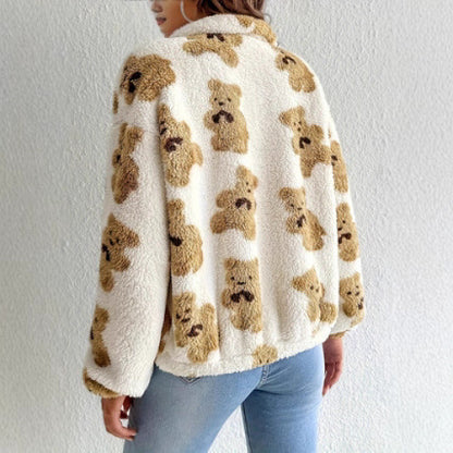 Damen Fleecejacke mit Bärenmuster und Stehkragen Stalluxe
