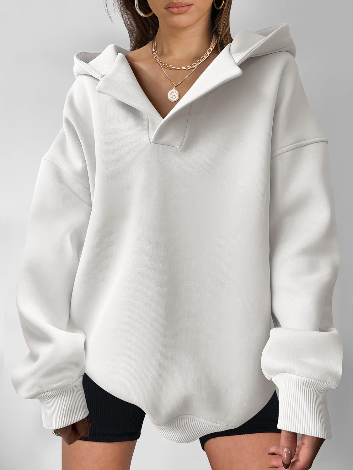Damen Oversize Hoodie mit modernem Kragen und weichem Innenfutter Stalluxe Weiß