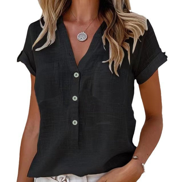 Damen Kurzarm Leinenbluse mit Knopfdetails Stalluxe