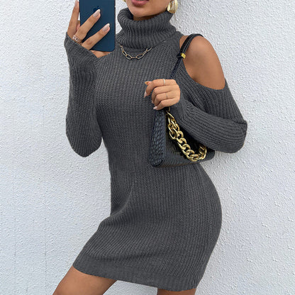 Damen Strickkleid mit schickem Rollkragen und offenen Schultern Stalluxe