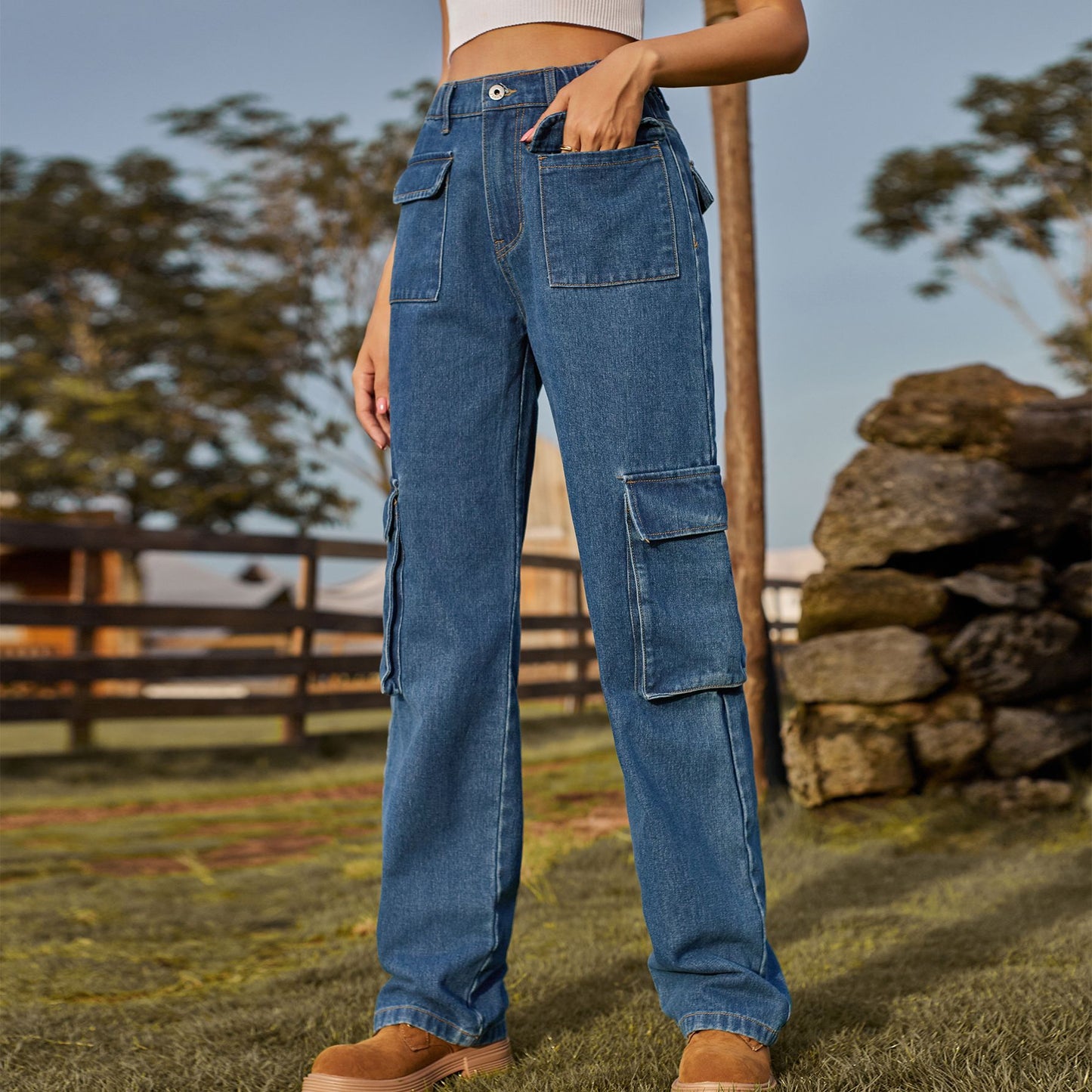 Damen Cargo-Jeans mit seitlichen Taschen und hohem Bund Stalluxe
