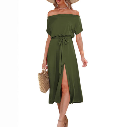 Damen Off-Shoulder Midikleid mit Taillengürtel und praktischen Taschen Stalluxe