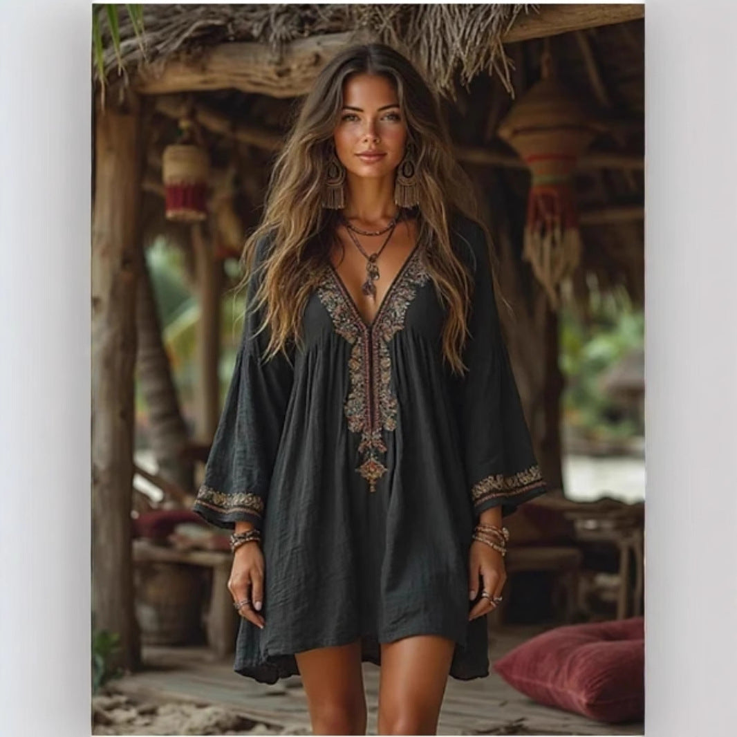 Damen Strandkleid mit kunstvoller Stickerei und weiten Ärmeln Stalluxe