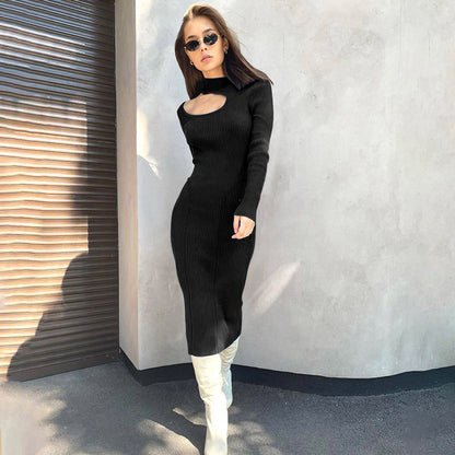 Damen Rippstrick-Midikleid mit Ausschnitt und langem Ärmel Stalluxe