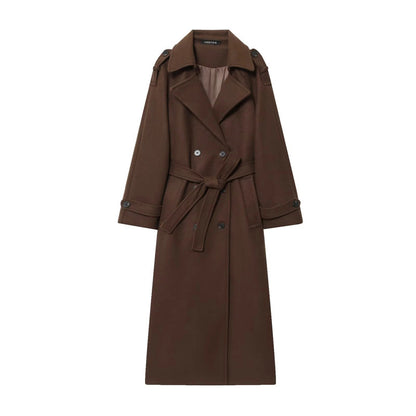 Damen Eleganter Wolltrenchcoat mit doppelter Knopfleiste und Taillengürtel Stalluxe