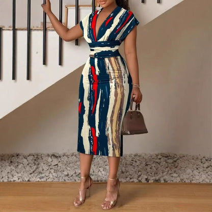 Damen Patchwork-Kleid im Jeansstil mit V-Ausschnitt und taillierter Silhouette Stalluxe