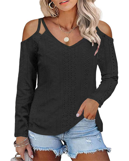 Damen Boho V-Ausschnitt Oberteil mit Off-Shoulder-Ärmeln und feinem Strukturdesign Stalluxe