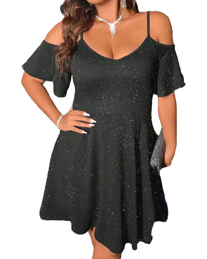 Damen verspieltes Kurzarmkleid mit offener Schulter und schimmerndem Detail Stalluxe