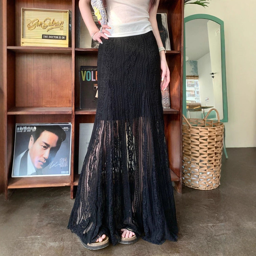 Damen Eleganter Maxi-Rock mit transparenter Spitze und Falten Stalluxe