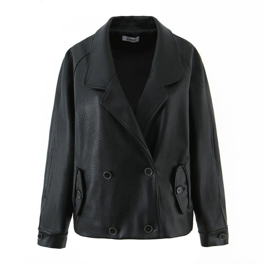 Damen modische Kunstlederjacke mit doppelter Knopfleiste und breitem Revers Stalluxe