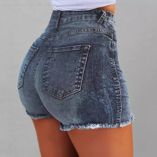 Damen Hochtaillierte Jeans-Shorts mit fransigem Saum Stalluxe
