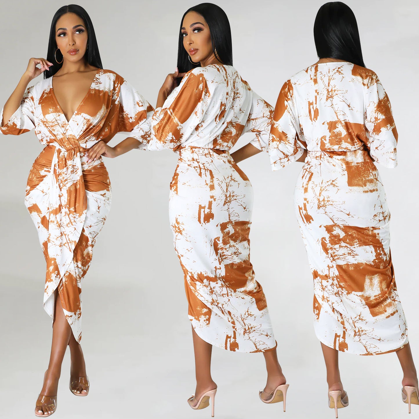 Damen Maxikleid im eleganten Wickelstil mit auffälligem Marmorprint Stalluxe