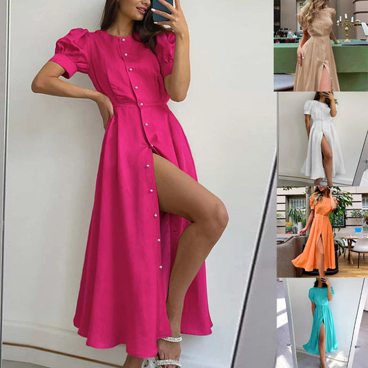 Damen Maxikleid mit Knopfleiste und seitlichem Schlitz Stalluxe