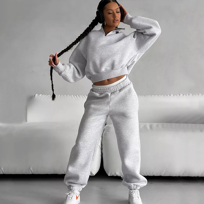 Damen sportliches Crop-Pullover-Set mit hohem Kragen und elastischem Bund Stalluxe