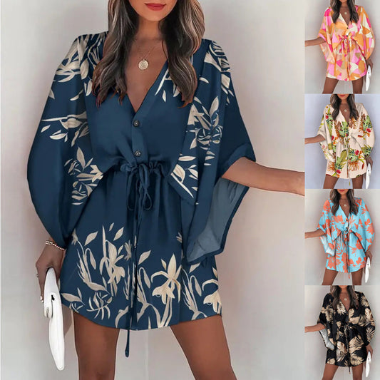 Damen Blusen-Kleid mit floralen Mustern und Bindegürtel Stalluxe