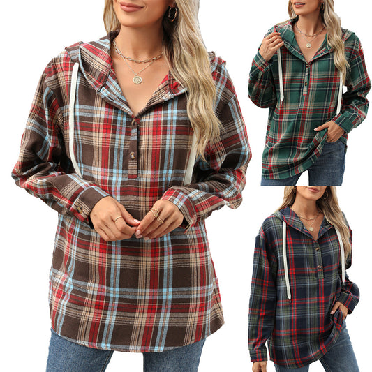 Damen Karierte Overshirtjacke mit Kapuze und Knopfdetails Stalluxe