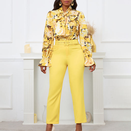 Damen elegante Bluse mit Rüschendetails und passender Hose Stalluxe