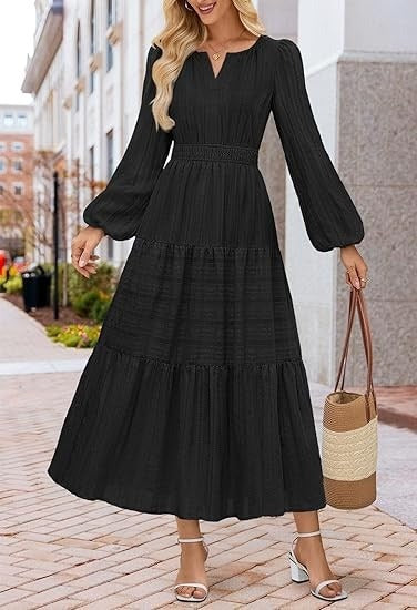Damen Maxikleid mit voluminösen Ärmeln und schwingendem Saum Stalluxe