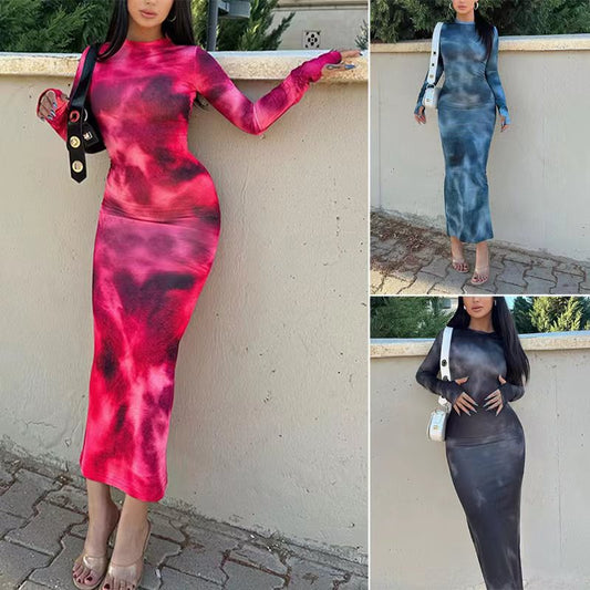 Damen Langarm Maxikleid mit modernem Batikmuster und figurschmeichelndem Schnitt Stalluxe