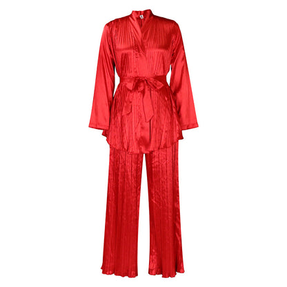 Damen Satin-Pyjama-Set mit eleganten Plissee-Details Stalluxe Rot