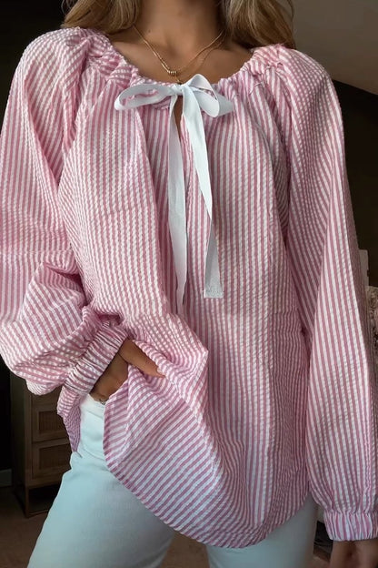 Damen Bluse mit elastischem Ausschnitt und Schleifenbindung Stalluxe