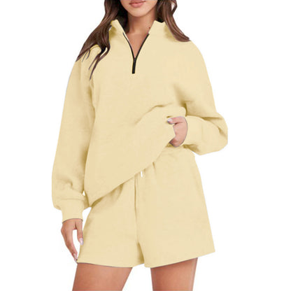 Damen bequemen Freizeit-Sweatanzug mit halbem Reißverschluss und Shorts Stalluxe