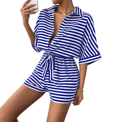 Damen Rompershirt mit modernen Streifen und taillierendem Gürtel Stalluxe