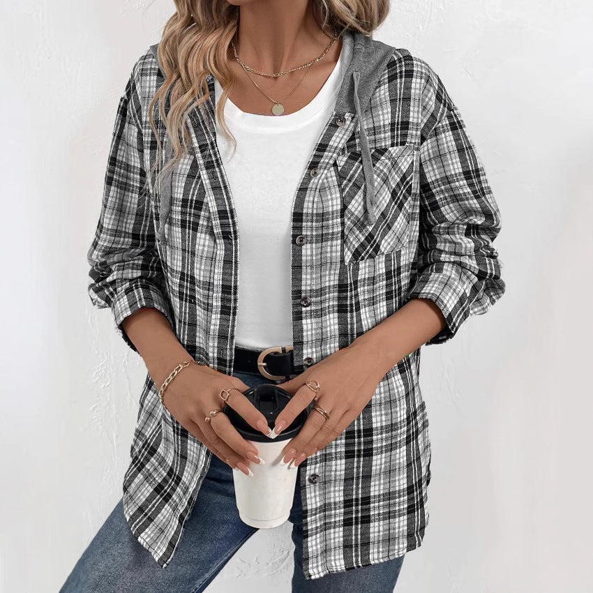 Damen lässige Flanellhemdjacke mit Kapuze und Karomuster Stalluxe