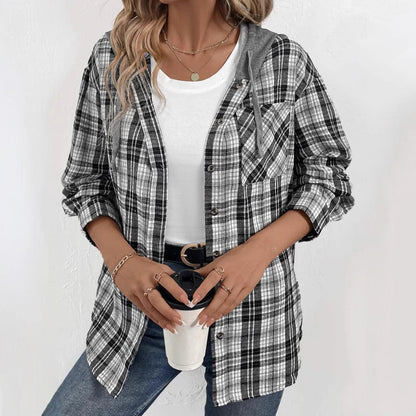 Damen lässige Flanellhemdjacke mit Kapuze und Karomuster Stalluxe
